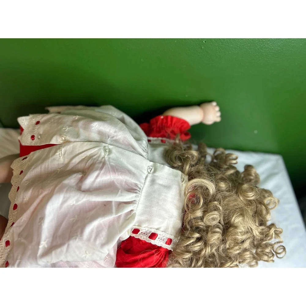 Vintage Porcelain Collector Doll Blonde Curly Hair Red White Lace Dress BlueEyes